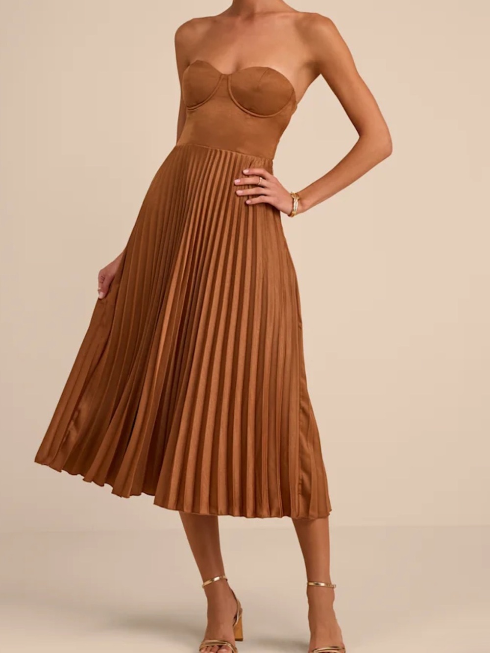 Lulus Irelyn Light Brown Satin Bustier Midi Dress